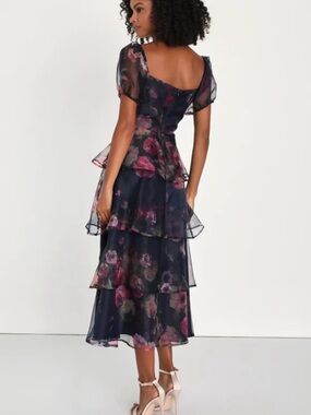 NWT Lulu's Blue Floral Organza Tiered Midi Dress
